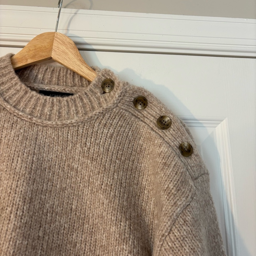 J. Crew Cream Beige Button Shoulder Heathered Sweater Ribbed Alpaca Wool XS Soft - Picture 3 of 8